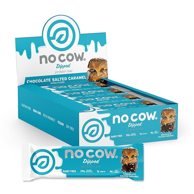 No Cow High Protein Bars Chocolate Salted Caramel - Healthy Snacks 20g Vegan Protein High Fiber Low Sugar Keto Friendly Dairy &amp Gluten Free (12 Count)