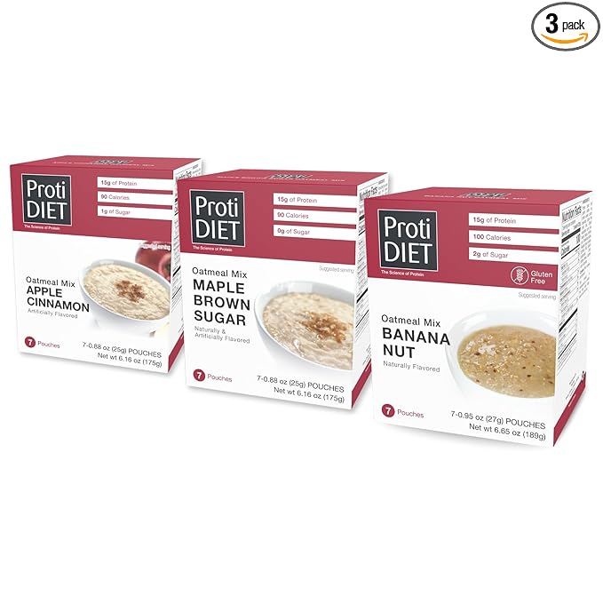 ProtiDIET High Protein Oatmeal Variety Pack - Apple Cinnamon Maple Brown Sugar and Banana Nut - 7 Pouches Each Box