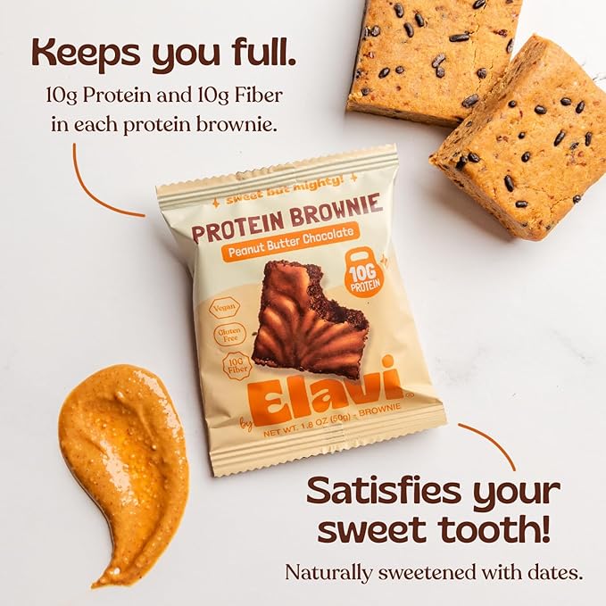 Elavi Peanut Butter Chocolate Protein Brownie 10g Protein 10g Fiber Non-Dairy Vegan &amp Gluten Free Guilt-Free Snack | No Added Sugar No Sugar Alcohols Kid Friendly (8 pack)