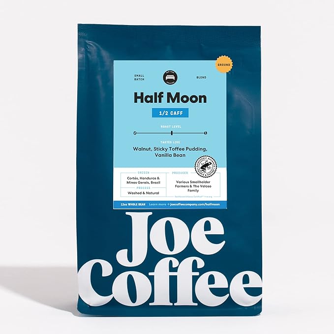Joe Coffee Company (NYC Roaster) Half Moon Half Caffeinated Ground Specialty Coffee 12 oz Bag Rainforest Alliance Certified Kosher Climate Friendly