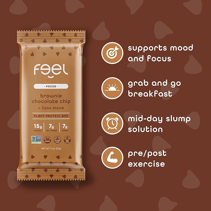 Feel Vegan Protein Bars Focus Lion’s Mane Dairy Nut Grain Soy Free 15g Plant Protein Adaptogenic Snack Organic Low Sugar Low Carb Gluten Free Brownie Chocolate Chip 10 Pack