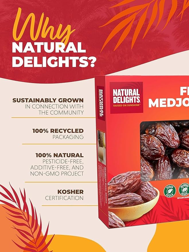 Natural Delights Medjool Dates – Large &amp Plump Whole Dates Medjool Non-GMO Verified Good Source of Fiber Naturally Sweet Fruit Snack Perfect for On-the-Go - Medjool Dates Whole 5 lb Box