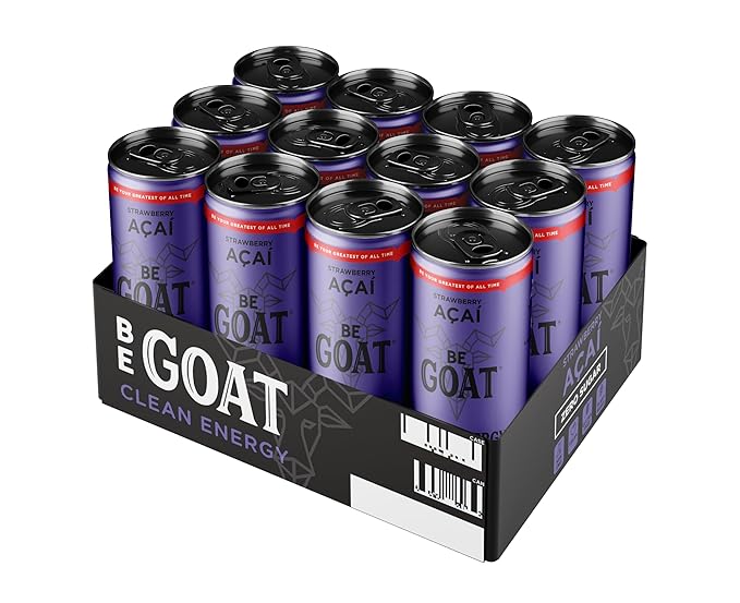 BeGOAT Clean Energy | Strawberry Acai Zero Sugar | 6 Ingredients Plant-Based Zero Sugar Non-GMO Vegan | 200mg Natural Caffeine | 12 fl oz Cans (Pack of 12)