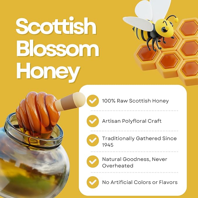 Heather Hills Farm Raw Scottish Blossom Honey Jar 340g (12oz) | 100% Pure Natural Unpasteurized &amp Unfiltered Artisan Honey from Scotland | Made in Highland Perthshire Authentic Scottish Food Gi