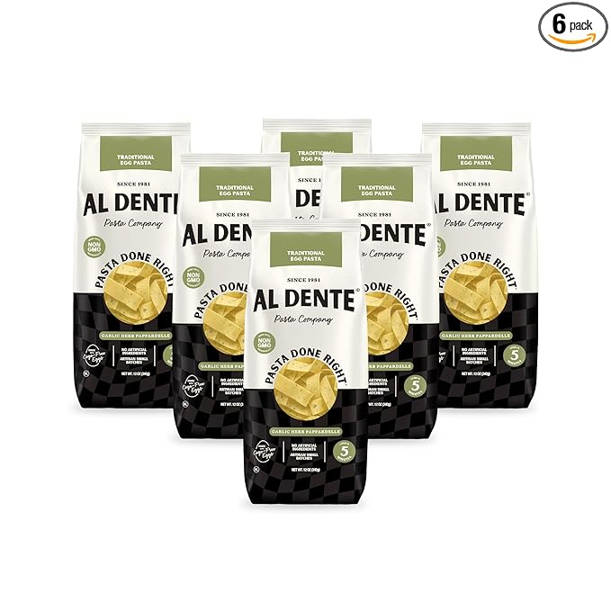 Al Dente Garlic Herb Pappardelle – All-Natural Hand-Crafted Egg Pasta. Traditional Pasta Noodles Made with Cage-Free Eggs and Semolina. Great for Pastas Soups Stews. 12oz Bags (Pack of 6)