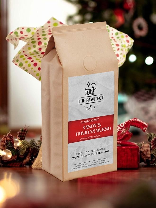 Dog Lovers Coffee – Cindy’s Holiday Blend Dark Roast Whole Bean Coffee by The Pawfect Brew – Specialty Grade Freshly Roasted to Order 12oz Bag – 25% Donated to Animal Rescue