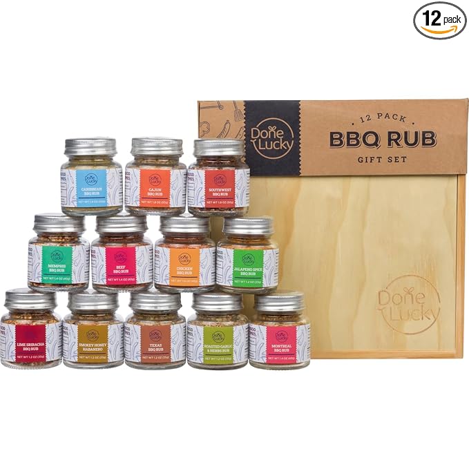 BBQ Rub Gift Set - Spice Gift Set in Premium Wooden Box - Great Grilling Gift for Christmas Birthday Father's Day for Him Dad Men or Her - Unique Barbecue Seasonings (Set of 12)