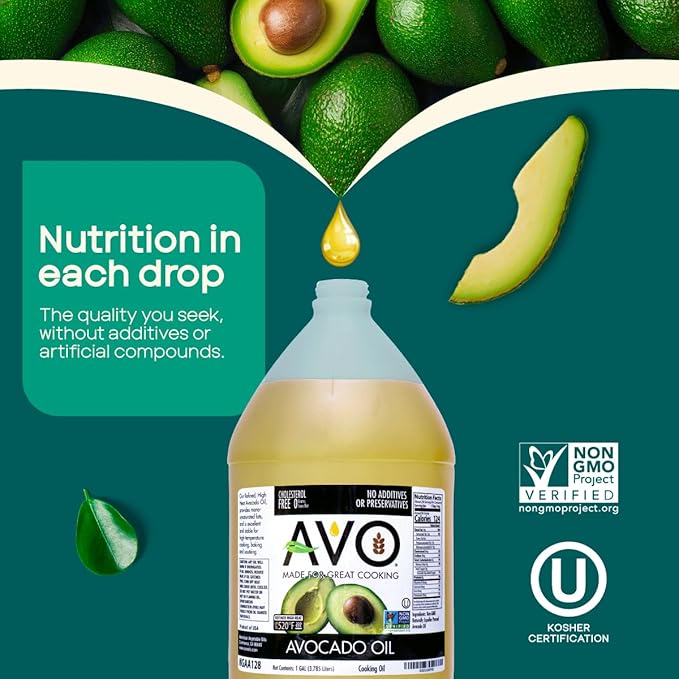 AVO Bulk Avocado Oil for Cooking 1 Gallon (128 fl oz) Non-GMO Certified No Preservatives High Smoke Point 500°F Neutral Flavor Gluten-Free Plant-Based OU Kosher
