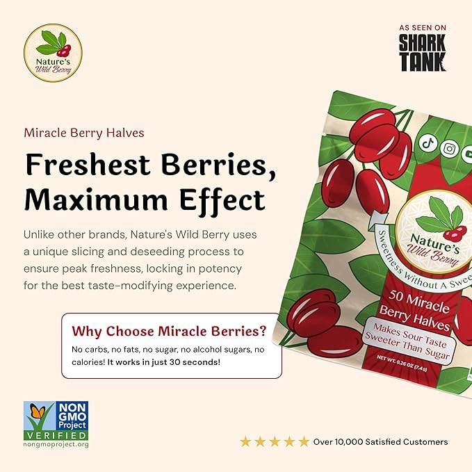 Nature's Wild Berry Miracle Berries – 50 Flavor-Changing Berry Halves | Resealable Refill Pack | Freeze-Dried in USA | Turn Sour to Sweet | As Seen on Shark Tank | Magic Fruit for Taste Transformation