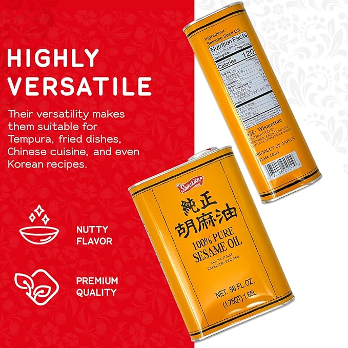 Shirakiku Pure Japanese Sesame Seed Oil - Premium Low Carb Expeller Pressed and Rich Flavor Natural Sesame Seed Oil - Perfect for Authentic Oriental Asian Cuisine (Toasted) - 56 Fl Oz