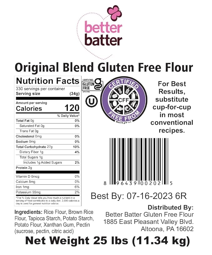 Better Batter Gluten Free Flour - Award Winning Nutritious Vegan Allergen Free &amp Kosher - Cup for Cup Alternative All-Purpose Baking Organic Non-GMO 25 lbs
