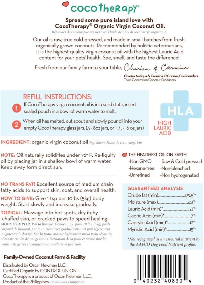 CocoTherapy Organic Virgin Coconut Oil Non-GMO 100% Human-Grade Refill 24 oz.
