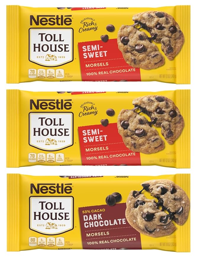 Nestlé Toll House Chocolate Chips Pack of 3 – Includes Two 12 oz. Bags of Semi-Sweet Chocolate Chips and One 10 oz. Bag of Dark Chocolate Chips