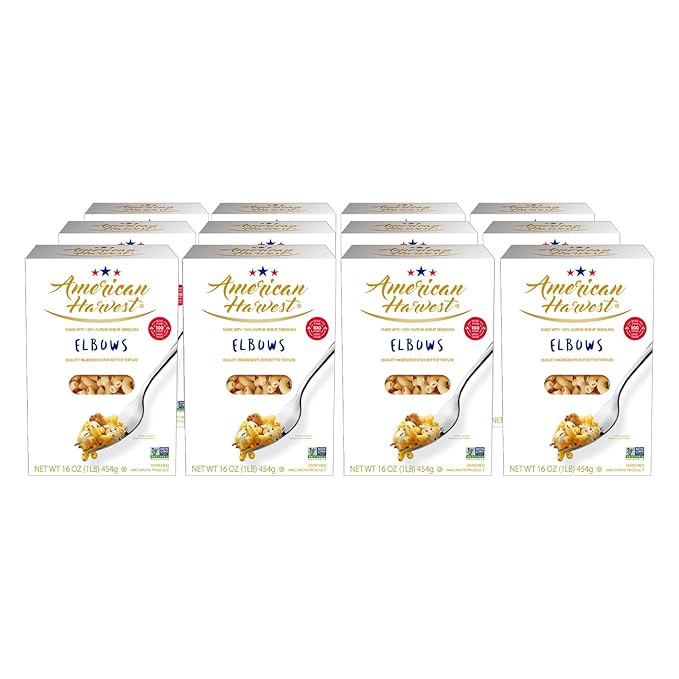 AMERICAN HARVEST Elbow Pasta Enriched Durum Wheat 16 oz (12 Pack) | Made in America Non-GMO Fast-Cook Pantry Staple | 100 Years of Pasta-Making Expertise