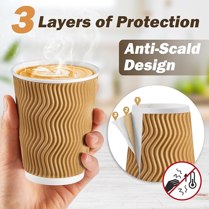 SIUQ 12 oz Coffee Cups-90 Pack Disposable Coffee Cups with Lids and Straws Insulated Ripple Wall To Go Paper Coffee Cup for Coffee Hot Chocolate and Hot Tea Drinks - Champagne