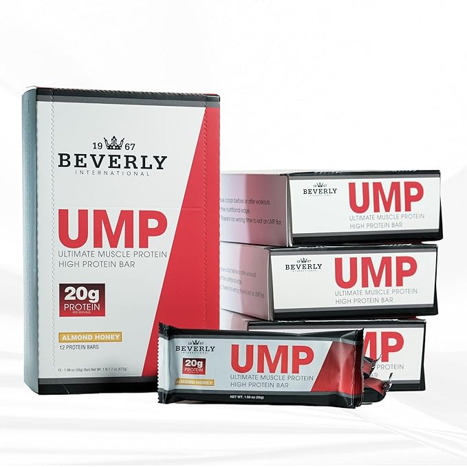 Beverly International UMP High Protein Bars - Almond Honey 20g of Protein 8g Fiber. All Natural Gourmet Ingredients. Soy Free Bar 12 Pack