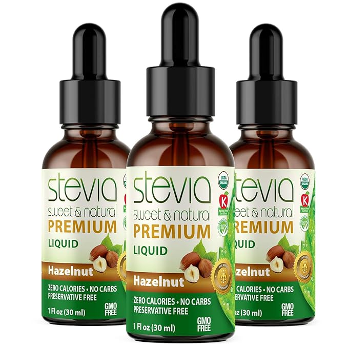 Hazelnut Premium Quality Stevia Drops. Organic Liquid Stevia Sugar Substitute Naturally Sweet Non-Bitter 0 Calorie 0 Carb NON-GMO Diabetic &amp Keto Friendly (1oz) Glass Bottles (Pack of 3)
