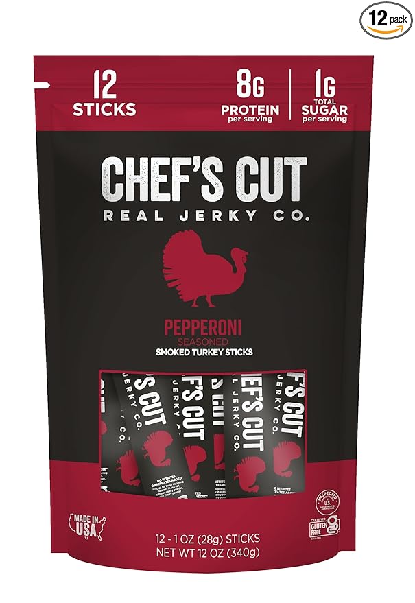 Chef’s Cut Real Turkey Jerky | Smoked Turkey Meat Sticks | High Protein Snack with 8 g Protein &amp 100 Calories Gluten Free Keto-Friendly| Pepperoni | 1 oz Stick (12-Count Bag)