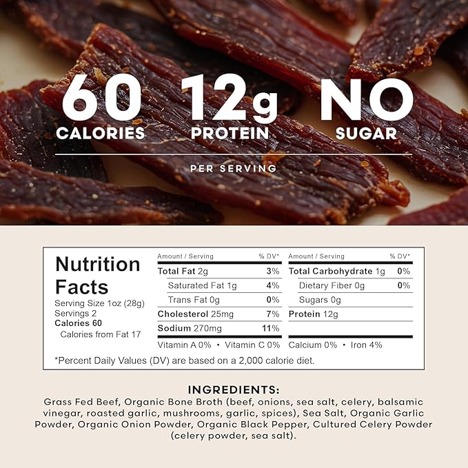 Tough To Chew: Organic Bone Broth Beef Jerky – Grass-Fed Zero Sugar Low Calorie High Protein Extra-Firm Texture – 2 oz (Pack of 3)