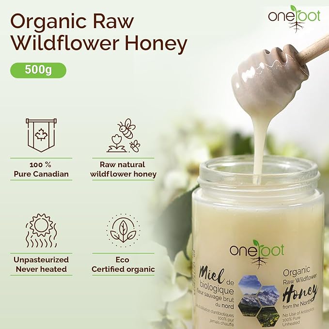OneRoot Raw Honey Bundle – 500g Buckwheat &amp 1.1 lbs Organic Canadian Wildflower Honey – Unheated &amp Nutrient-Rich – Antioxidant-Packed Natural Sweeteners