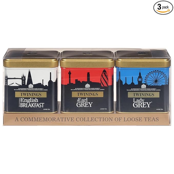 Twinings London Skyline Red White &amp Blue Commemorative Collection of Loose Leaf Teas Limited Edition Gift Set 100g Tins (Pack of 3) Original English Breakfast The Earl Grey &amp Lady Grey