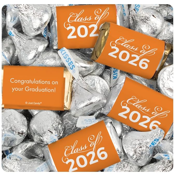 124 Pcs Orange Graduation Candy Party Favors Orange Wrapped Miniatures and Silver Kisses by Just Candy (1.5 lbs approx. 124 Pcs)