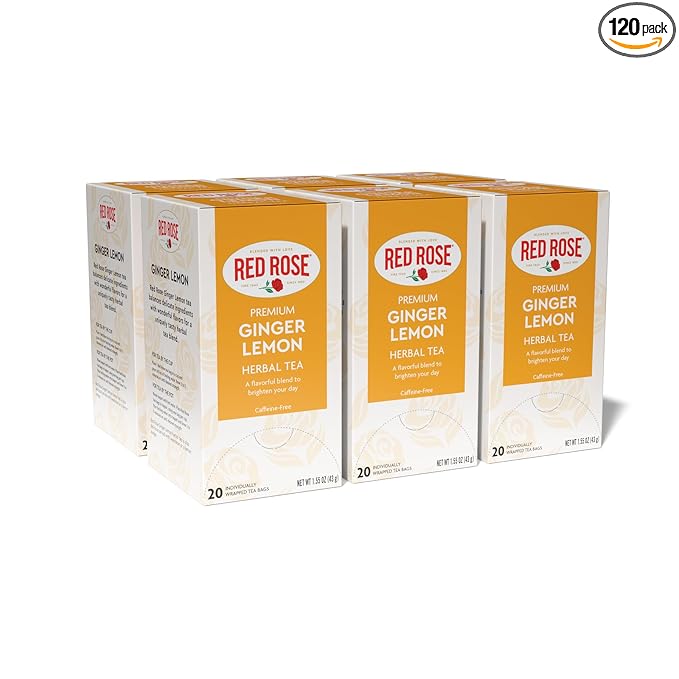Red Rose Ginger Lemon Tea Caffeine Free Herbal Tea Naturally Flavored Tea with Mint Lemon Orange &amp Lemongrass Herbal Tea with 20 Individually Wrapped Tea Bags Per Box (Pack of 6)