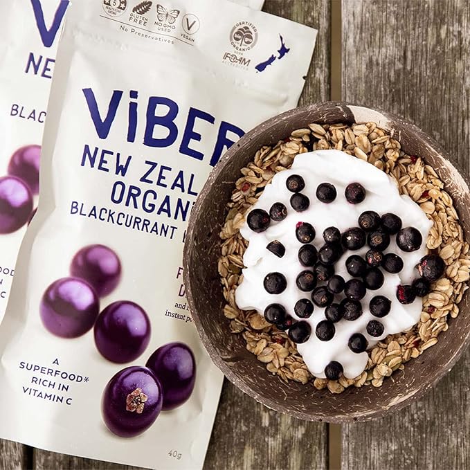 ViBERi Freeze-Dried Organic Blackcurrants 120 g | 100% NZ-Grown Superfruit Berries Natural Vitamin C &amp Anthocyanins Vegan • Non-GMO • No Added Sugar