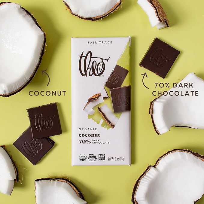 Theo Chocolate Coconut Organic Dark Chocolate Bar 70% Cacao 6 Pack | Vegan Fair Trade
