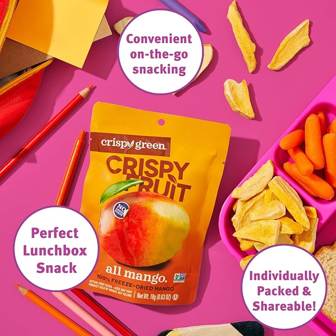 Crispy Green Freeze-Dried Mango Fruit Snacks 0.63 Oz (Pack of 12) 100% Pure Fruit All-Natural No Added Sugar Single-Serve Bags for Healthy Snacks &amp School Lunches