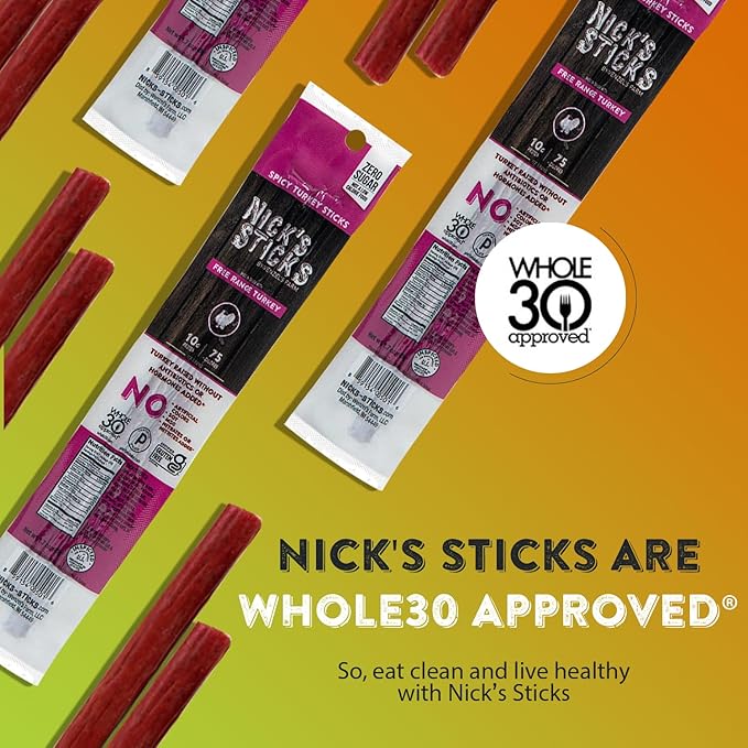 Nick's Sticks Clean &amp Balanced Spicy Free Range Turkey Snack Sticks | Made in the USA | Gluten Free | Paleo | Keto | Whole30 Approved |No Soy Antibiotics or Hormones (25 – 1.7oz. Packs of 2 Stick