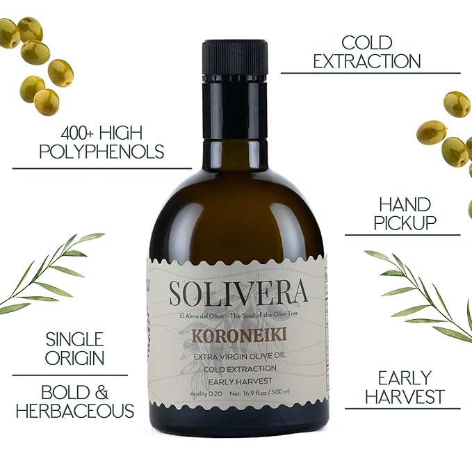 Solivera Koroneiki Extra Virgin Olive Oil Cold Pressed 400+ High Polyphenols Bold &amp Herbaceous Single-Origin Hand Picked Organic Olive Oil Healthy Gourmet Oil – 16.8 fl. oz. (Koroneiki)
