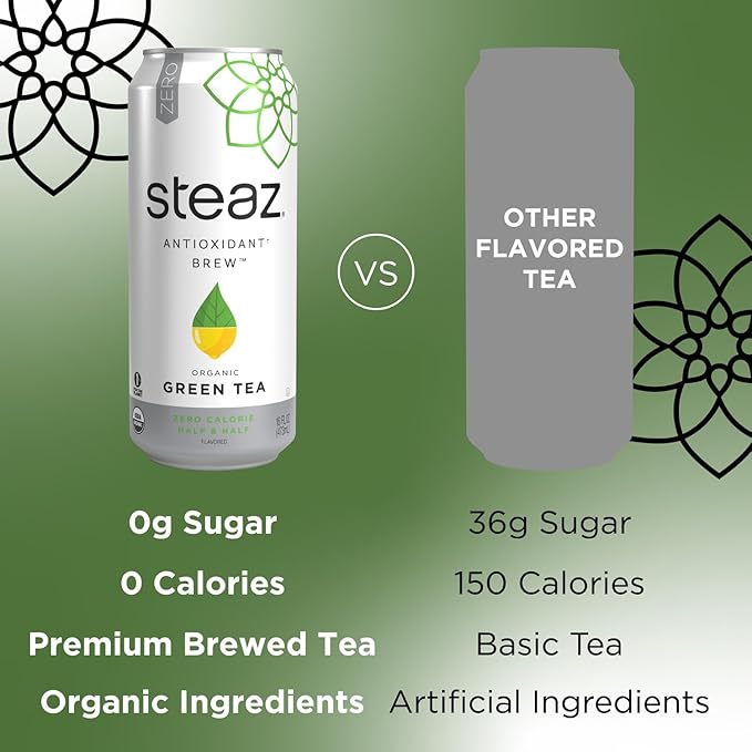 Steaz - Organic Green Tea - Zero Calorie Half &amp Half (12 Pack) - Antioxidant Brew - 65mg Natural Caffeine Vitamin C - Stevia Sweetened Iced Tea - Vegan Fair Trade - 12 Cans 16 fl oz (473mL)