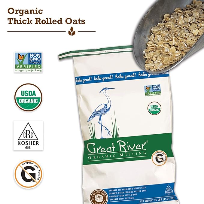 Great River Milling Organic Extra Thick Rolled Oats | Whole Grain Non-GMO Kosher Certified | Hearty Texture for Oatmeal Granola Cookies Baked Goods &amp Breakfast Recipes | 25 Lb (Pack of 1)