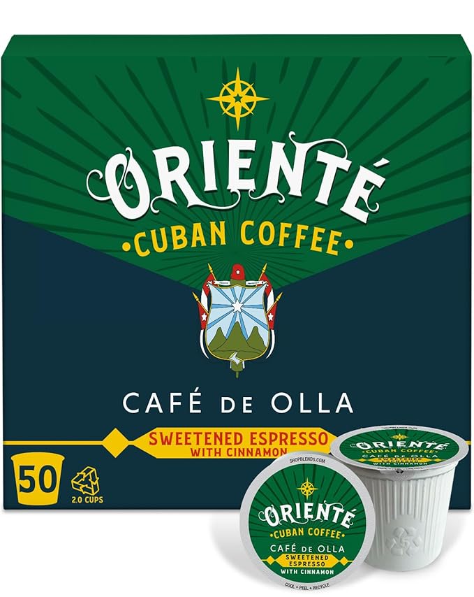 Oriente Sweetened Espresso with Cinnamon Coffee Pods 50 ct Dark Roast Flavored Cuban Inspired Coffee in Single Serve Pods - 100% Arabica Beans Compatible with Keurig K Cups Maker