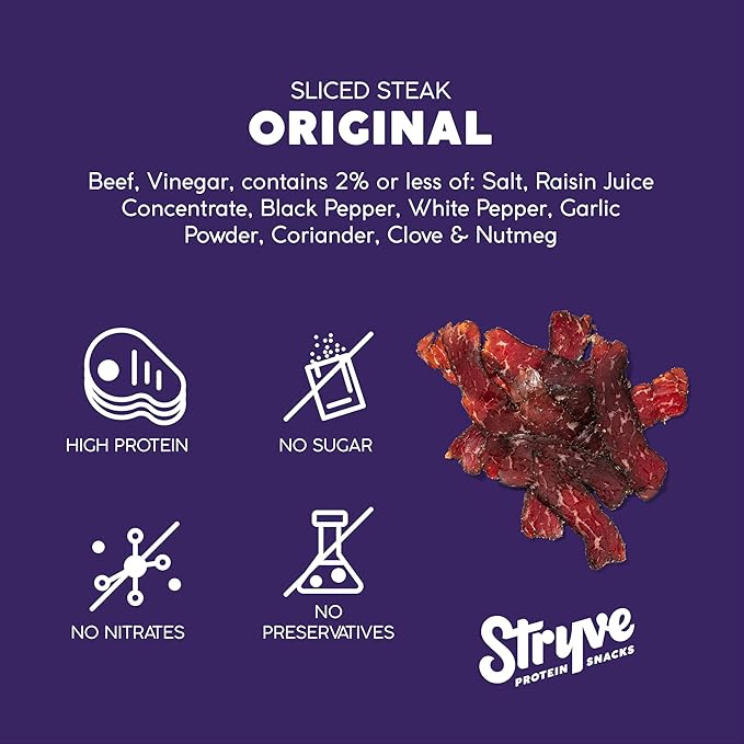 Stryve - Better Than Jerky Steak Snacks Protein Rich Beef Biltong | 36g Protein Sugar Free Carbs Free Gluten Free Dairy Free Keto &amp Paleo Friendly | Original Pack Of 4