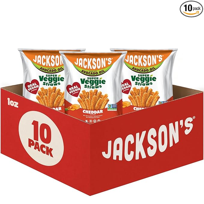 Jackson’s Super Veggie Straws™ (Cheddar 1 oz Pack of 10) – Gluten Free Vegan Snacks for Kids &amp Adults – Made with Premium Avocado Oil – Allergen-friendly Veggie Straws Individual Bags