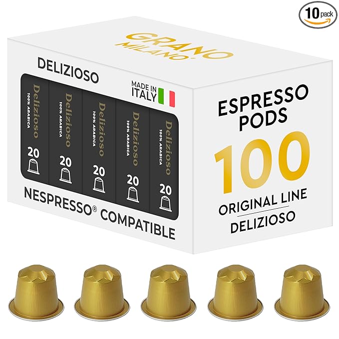 Grano Milano Delizioso Coffee Capsules - 100 Aluminum Coffee Pods Compatible with Nespresso Original line100% Arabica Medium Roast - Intensity 6/12 Made in Italy