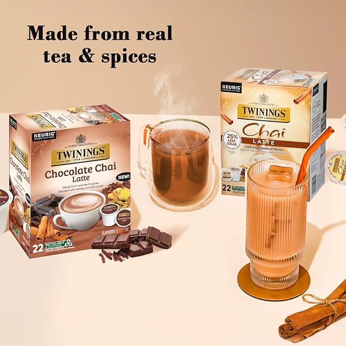 Twinings Chai Latte Variety K-Cup Pods for Keurig 12 Traditional + 10 Chocolate Made with Real Black Tea &amp Spices Creamy Slightly Sweet Caffeinated Enjoy Hot or Iced (Pack of 2)