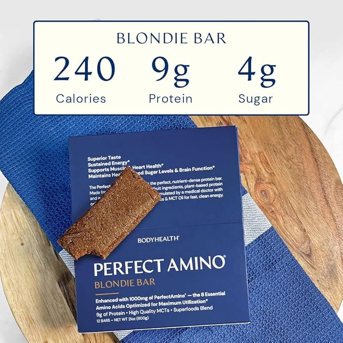 BodyHealth PerfectAmino Bar – Protein Energy Snack with 10g Protein Plant-Based MCTs Superfood Blend Non-GMO Gluten Dairy &amp Soy Free (Blondie 12 Pack)