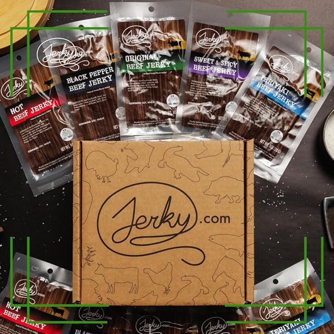 Jerky.com 21 Pieces of Beef Jerky Variety Pack &amp Meat Stick Gift Box for Men - Including 5 Flavors of Beef Jerky 13 Snack Sticks and 3 Cheese Sticks - Birthday gifts for men