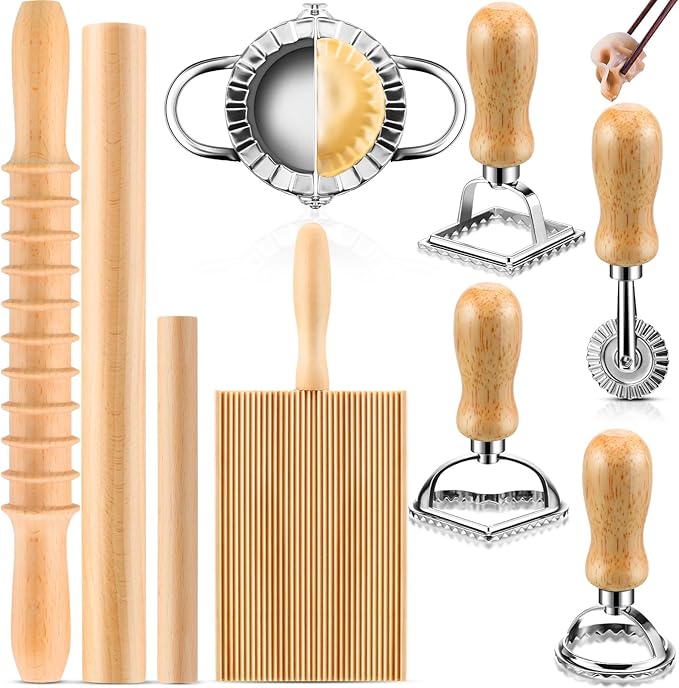 9 Pcs Gnocchi Pasta Making Tools kit - Gnocchi Board Pasta Cutter Ravioli Stamp Wood Threaded Pasta Roller Pin Set Noodle and Dumplings Maker Homemade Kitchen Gift for Pasta Lovers
