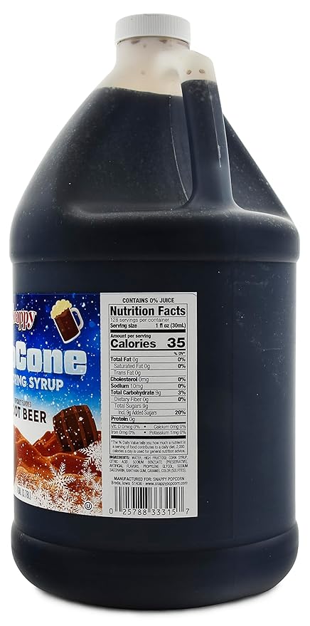 Snappy Root Beer Sno Cone Syrup 1 Gallon (128 ounces) Size Ready to Use For Snow Cone Machines Flavored Syrup for Shaved Ice 14 Snow Cone Flavor Options