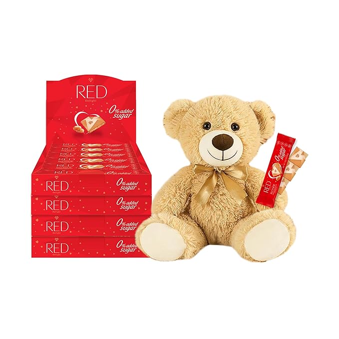 RED Delight®™ Blonde Caramelized White Chocolate 12 Count Box of Grab N Go Travel Size Bars (0.92 Ounces Each) with 14 Plush Teddy Bear (4 Boxes - Total of 48 Bars + 14 Plush Teddy Bear)