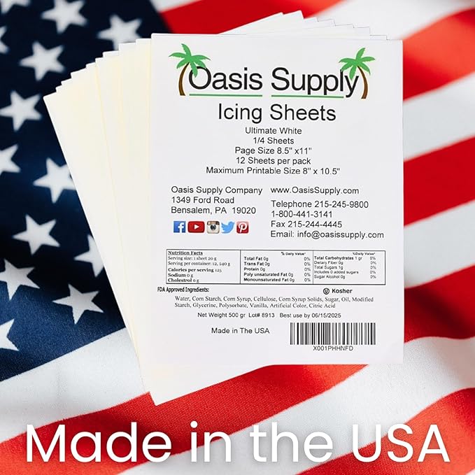 Oasis Supply Ultra Flexible Edible Icing Sheets – 12 Premium Frosting Sheets 8.5 x 11 Printable Edible Paper for Edible Ink Printers Cake Toppers Edible Images &amp Photo Cakes – Bright White Print