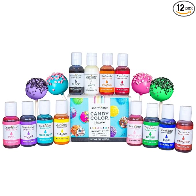 Chefmaster 12 Bottle Set of Candy Colors True-Tone Shades Oil-Based Professional-Grade Dye Chocolate Strawberries Cake Pops Decorating Easy-to-Use Manufactured in the USA 0.64 oz Each