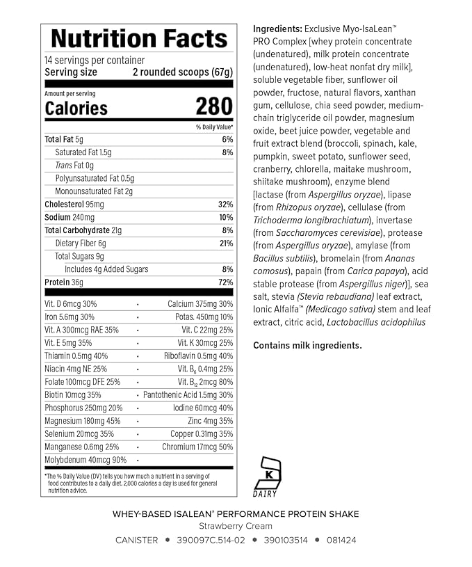 IsaLean Performance Protein Shake - Meal Replacement Shake with 36g of Protein - Helps Support Lean Muscle Building and Weight Management - Enriched with 24 Essential Vitamins and Minerals - 32.6 oz -