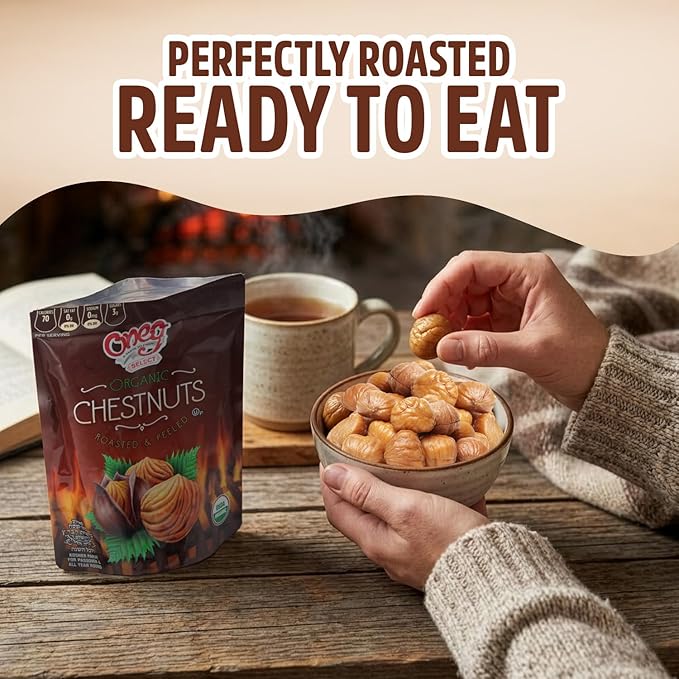 Oneg Roasted Chestnuts Peeled and Ready to Eat 6 Pack of Organic Roasted Chestnuts 5.3oz Each Vacuum Packed Perfect for Snacking or Holiday Treats Ideal Peeled for Sharing