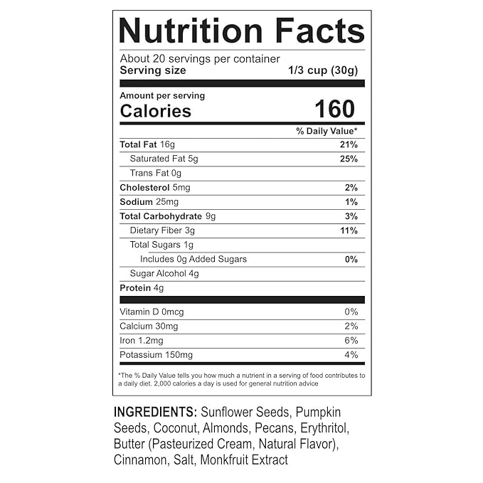 Low Carb Keto Nut Granola Cinnamon Pecan (22 oz) - Sweet &amp Crunchy - No Added Sugar Gluten Free Grain Free Non GMO - High Protein Snacks Healthy Breakfast Cereal
