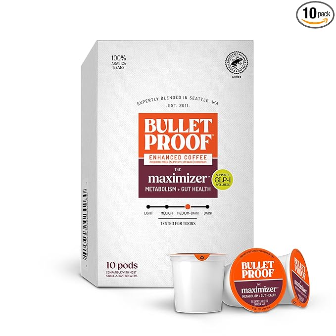 Bulletproof Maximizer Coffee Pods Medium Roast Prebiotic K Cups with Chromium Picolinate for Metabolism &amp Gut Health Support Clean Coffee Tested 10 Count